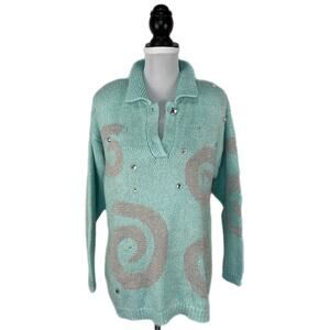 Vintage Mint Green Silver Swirls Bejeweled Collared Granny Sweater - Women's M